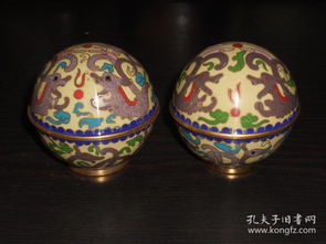 七八十年代老貨手工藝品銅胎景泰藍 磨藍地球形開盒 雙龍戲珠1對 尺寸約 高7公分,直徑7公分